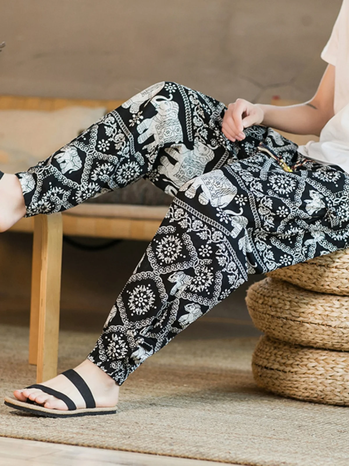 

Holiday Print Waist Nut Flowers Men's Summer Casual Pants Loose Straight Leg Nine Points Elastic Waist Youth Vitali Sle