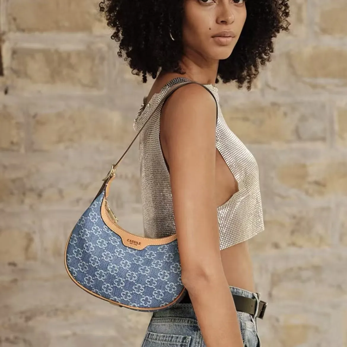 Cassile 2025 New American-style denim underarm bag, hobo handbag, crescent-shaped shoulder bag for women