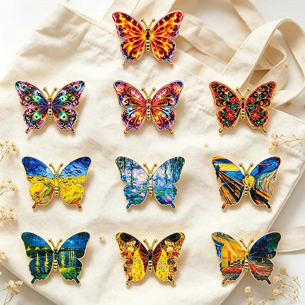 10pcs Aesthetic Painting Butterfly Brooch Set Vintage Enamel Lapel Pins Art-Inspired Jewelry Collection Gift for Art Lovers