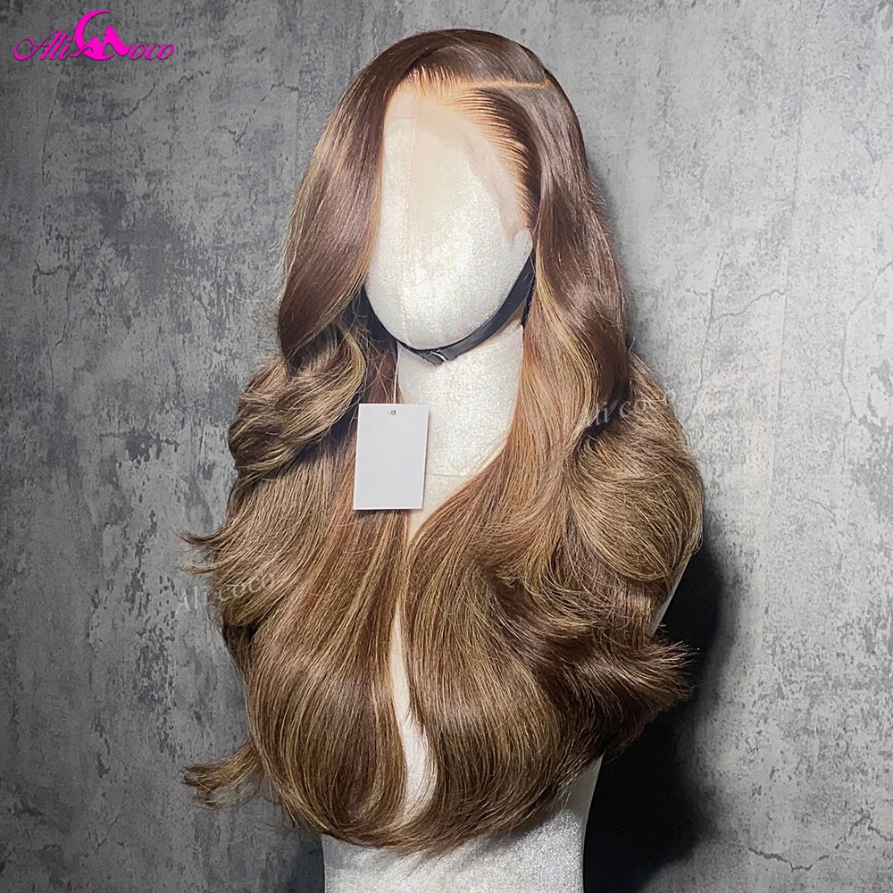 #4 Brown Mixed Blonde Ombre 13X6 180 Density 5X5 Closure Lace Front Glueless Body Wave Human Hair Wigs Drawstring Invisible HD