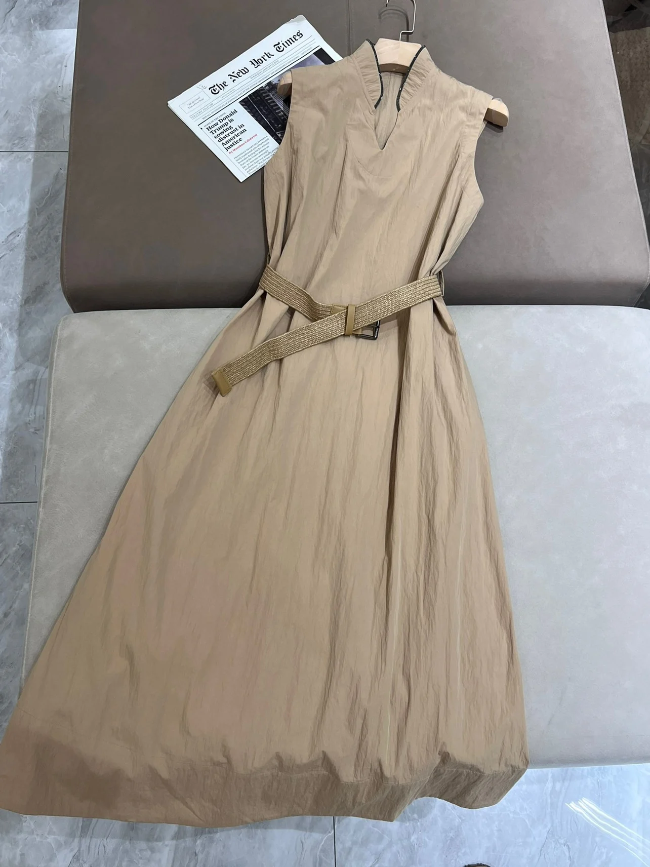 Cotton summer sleeveless belt fitted feminine midi dress