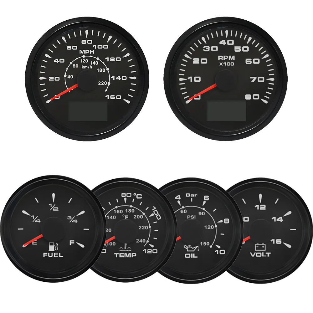 

85mm 200KM/H 160MPH GPS Speedometer +Tachometer+52MM Water Temp Oil Pressure Fuel Level Meter Voltmeter with 8 Colors Backlight