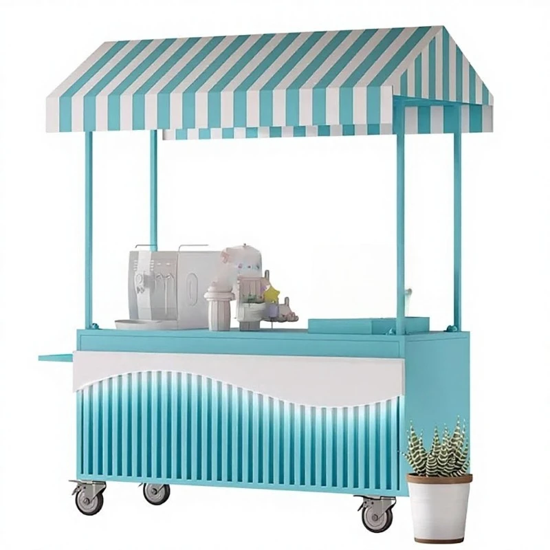 Wrought iron outdoor vending cart with striped canopy, mobile food snack cart, suitable for street markets, festive food cart