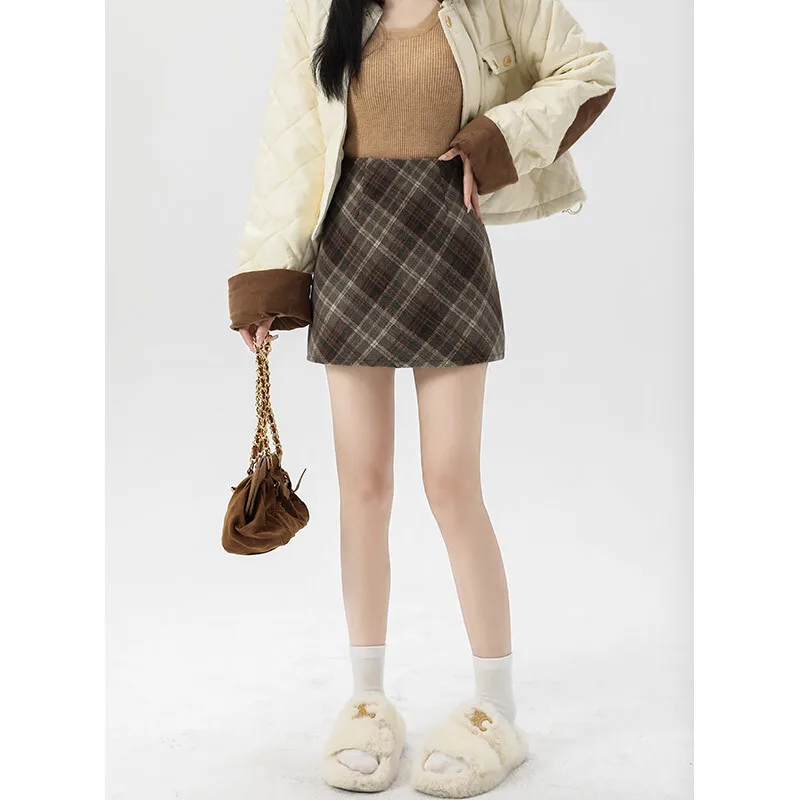 Gray Woolen Plaid Skirts For Women Autumn Winter High Waist A Line Bodycon Skirt Vintage Slimming Short Skirt