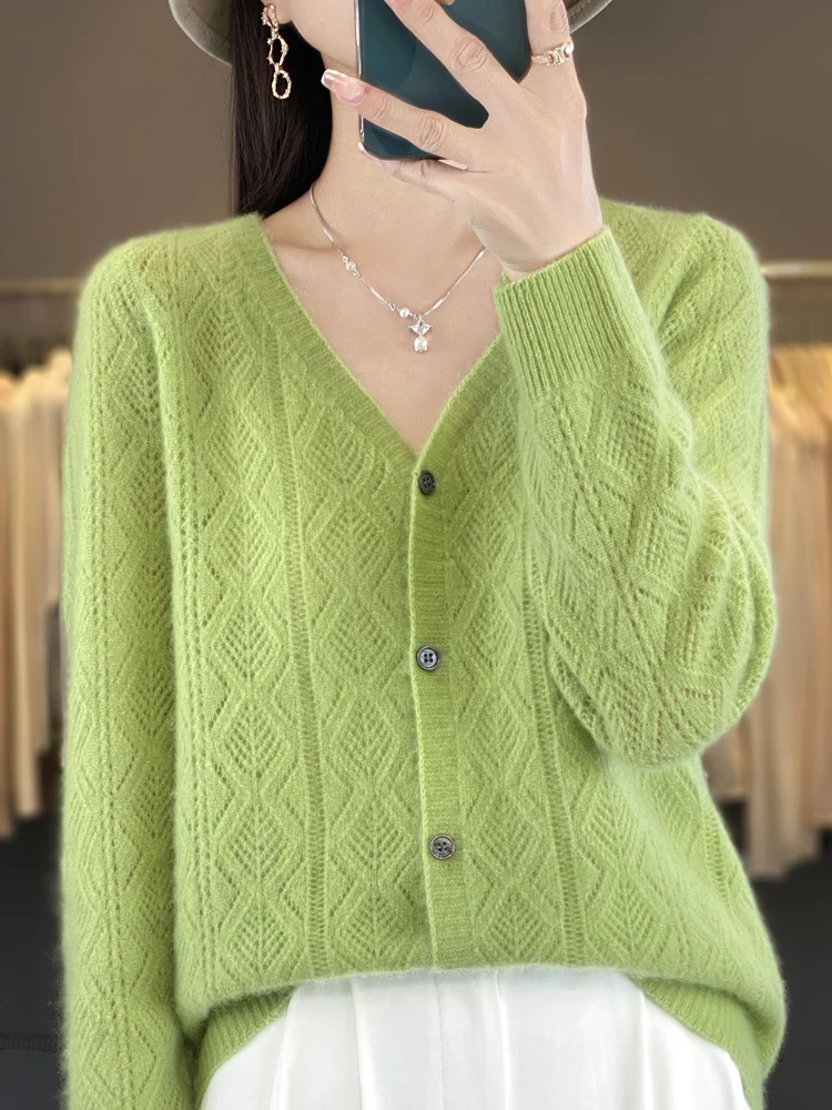 Women 100% Merino Wool V-Neck Cardigan Autumn New Cashmere Sweater Quality Soft Hollow Out Knitwear Casual Tops Clothing Korean