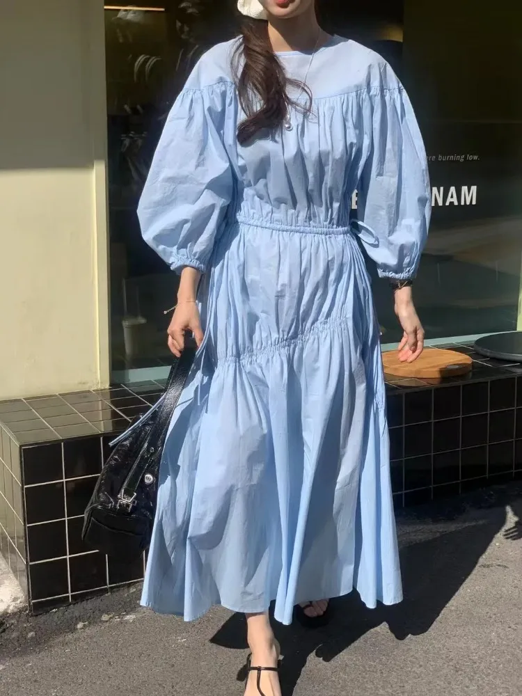 Women's Spring Summer High Waist Loose Princess Dress Puff Sleeve Drawstring Folds Maxi Vestidos Female 2025