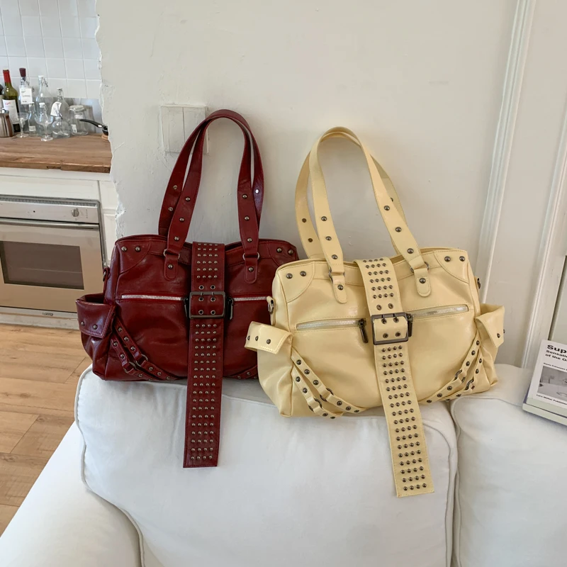 

Trendy Large-capacity Commuter Tote Bag, Versatile Single-shoulder Crossbody Bag Multi Buckle Strap Y2K Streetwear Shoulder Bag