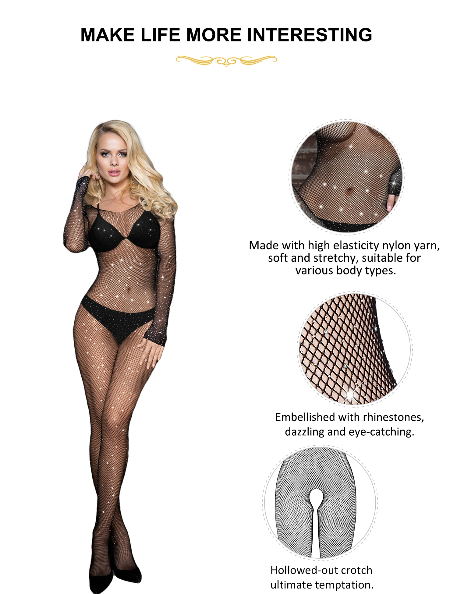 Comeondear Fishnet Bodystocking 5XL Plus Size Lenceria Sensual Mujer Lingerie Sexy Long Sleeve Mesh Bodystocking with Rhinestone