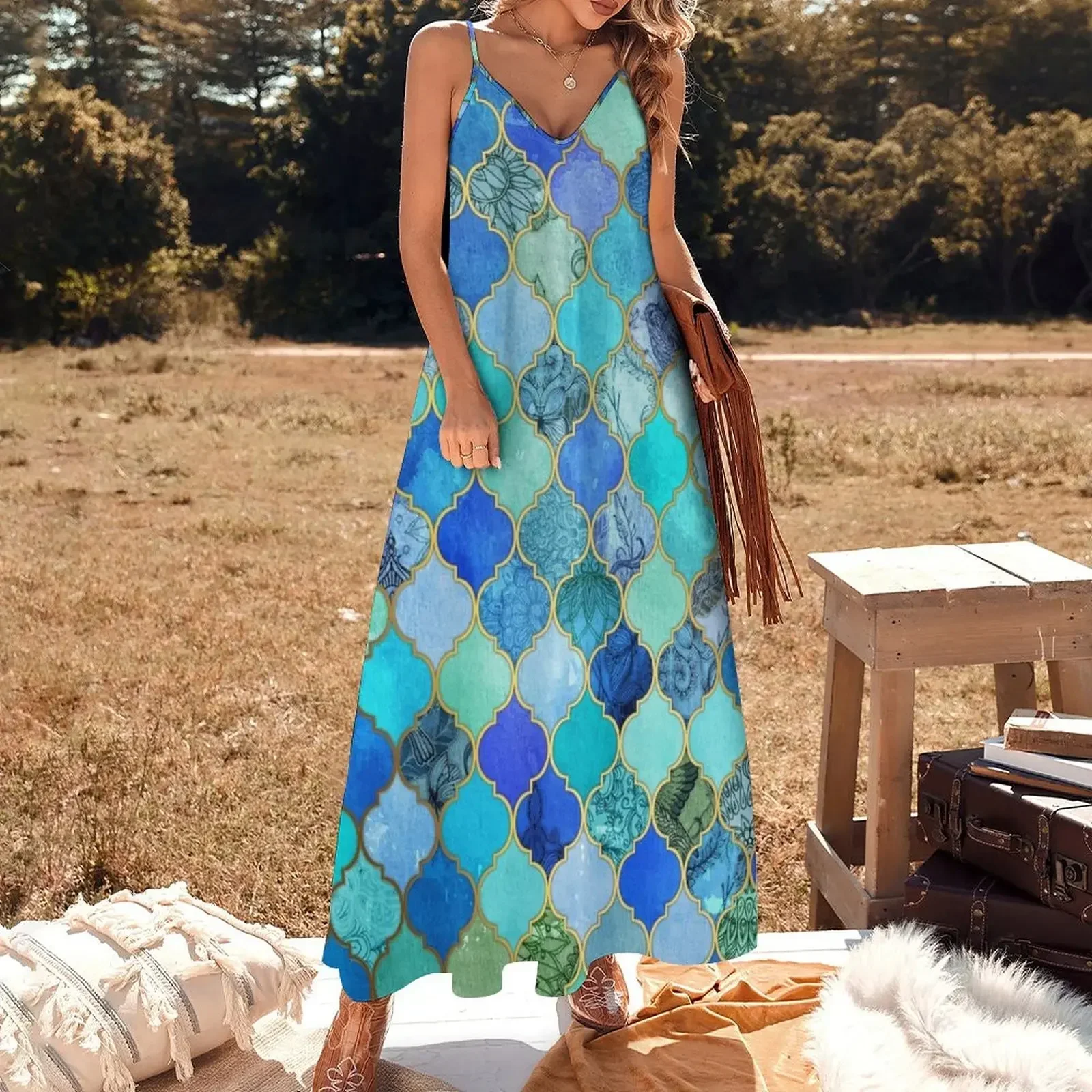 Cobalt Blue, Aqua & Gold Decorative Moroccan Tile Pattern Sleeveless Dress Woman fashion sexy dress Dress