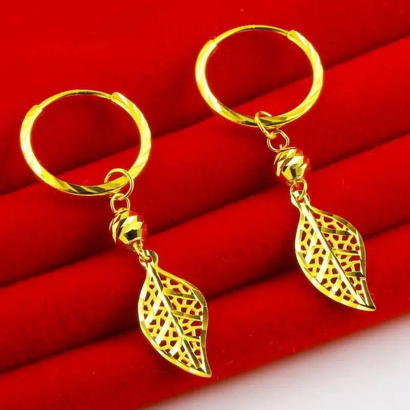 

Vietnamese Sand Leaf Earrings Brass Plated Hollow Leaf Fashion Women's Earrings Ear Studs Jewelry Gift Present