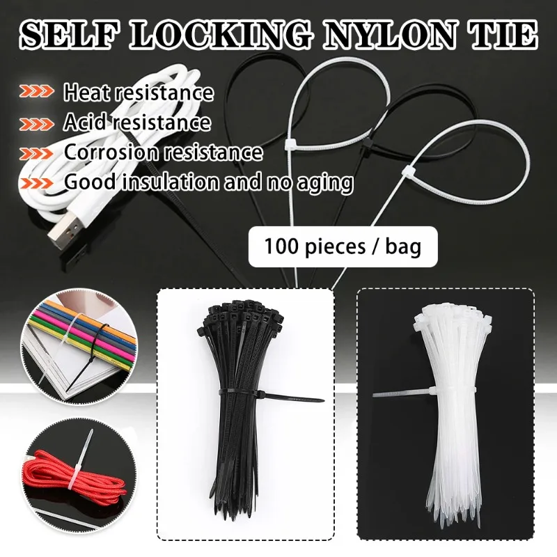 100pcs Black/White Cable Ties High Tensile Strength, Uv Resistant, Self-Locking For Home & Office Cord Management