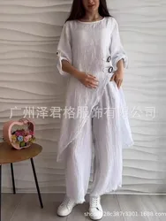 Women's Two Piece Set Solid Color Buttons Irregular Slit Long T Shirt Tops Loose Wide Leg Trousers 2 Piece Sets Casual Lady Suit