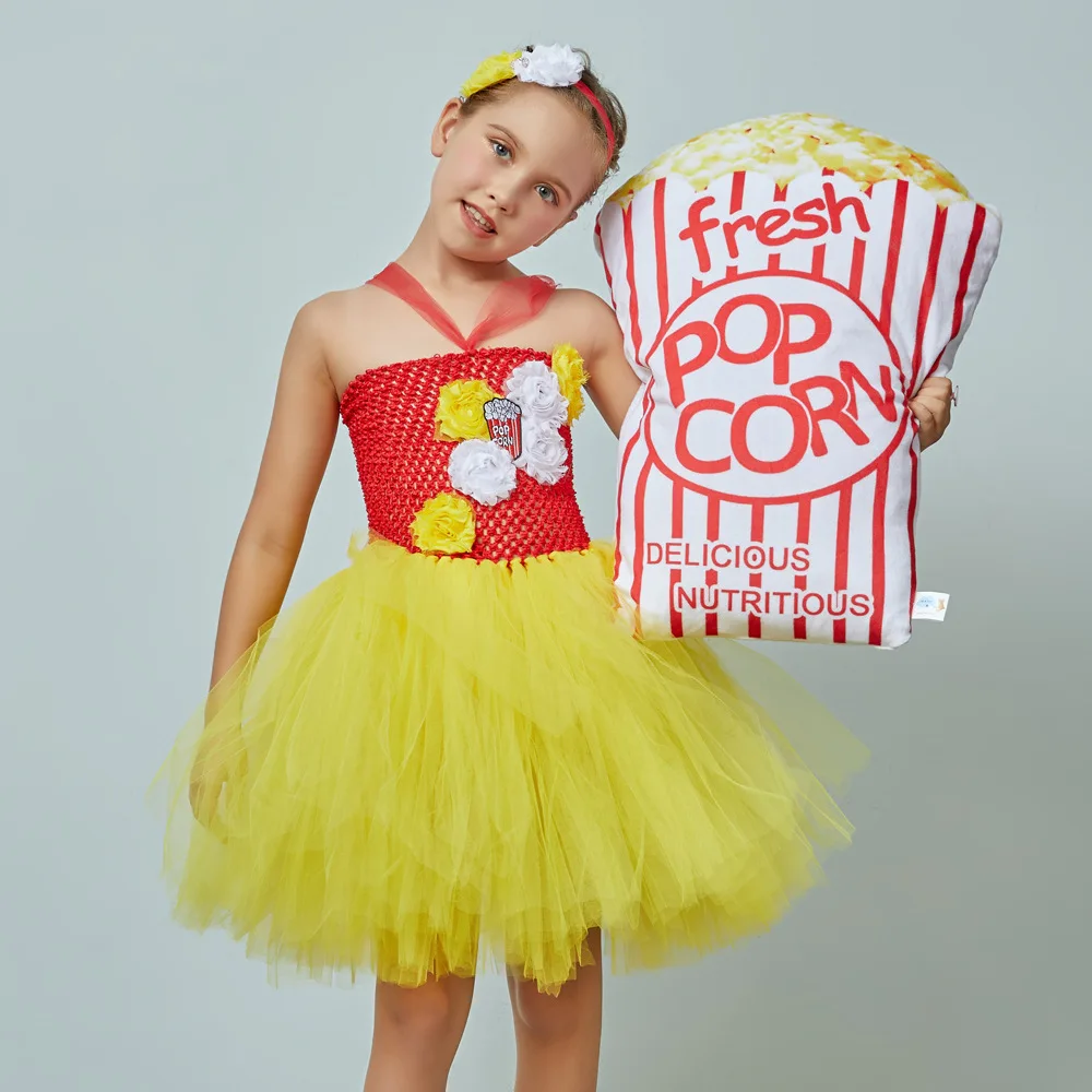 Halloween Girls Popcorn Tulle Tutu Dress Kids Princess Mesh Gown Birthday Gathering Outfit Children Stage Show Long Mesh Attire