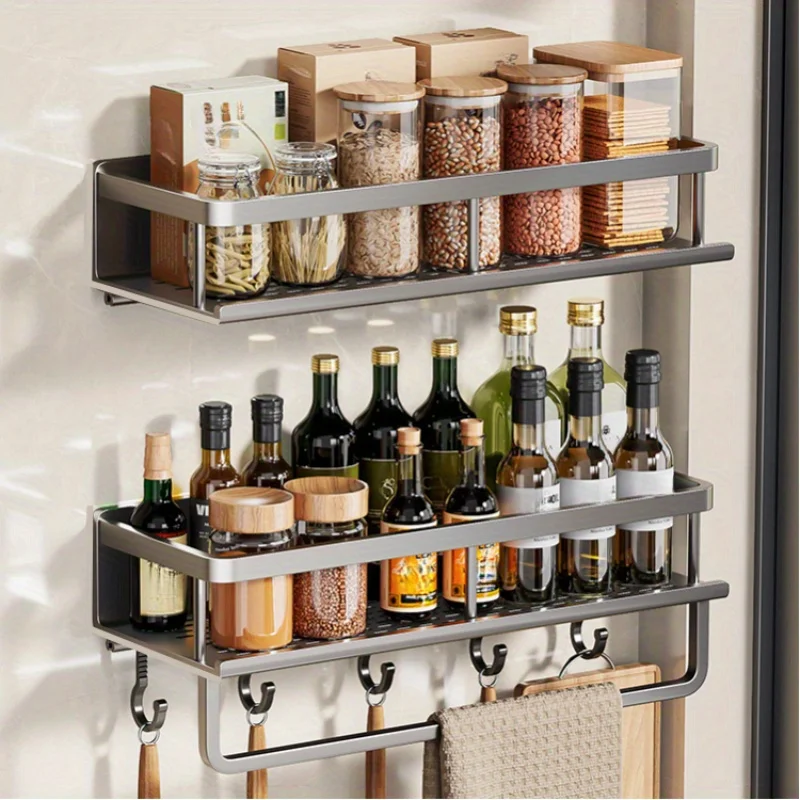 Kitchen Seasoning Rack Wall-Mounted Pepper Spices Storage Storage Shelf with Hook Rod Spade Towel Storage Kitchen Accessories