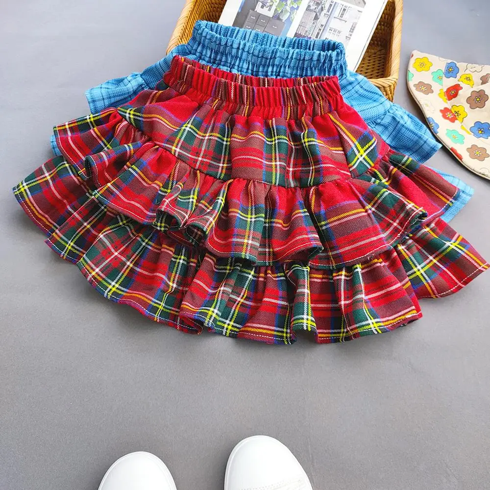 Plaid Ruffled Kids Baby Girls Cake Skirts Princess Ball Gown Pleated Tutu Skirts for Summer Autumn Children\'s Short Skirt