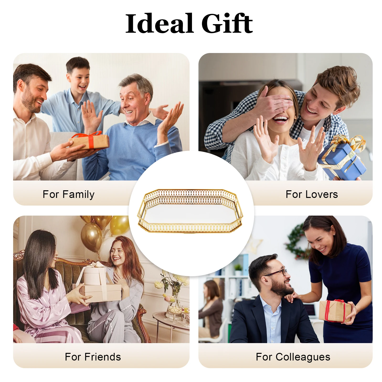 Bandeja decorativa dourada retangular, bandeja de mesa para servir, bandeja de vaidade, duas alças ocas em ambos os lados para armazenar vários itens