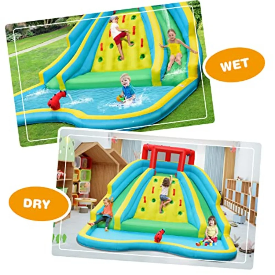 Backyard inflatable water slide for kids: PVC blue/red dual long slides + climbing wall + water cannon + large splash pool outd