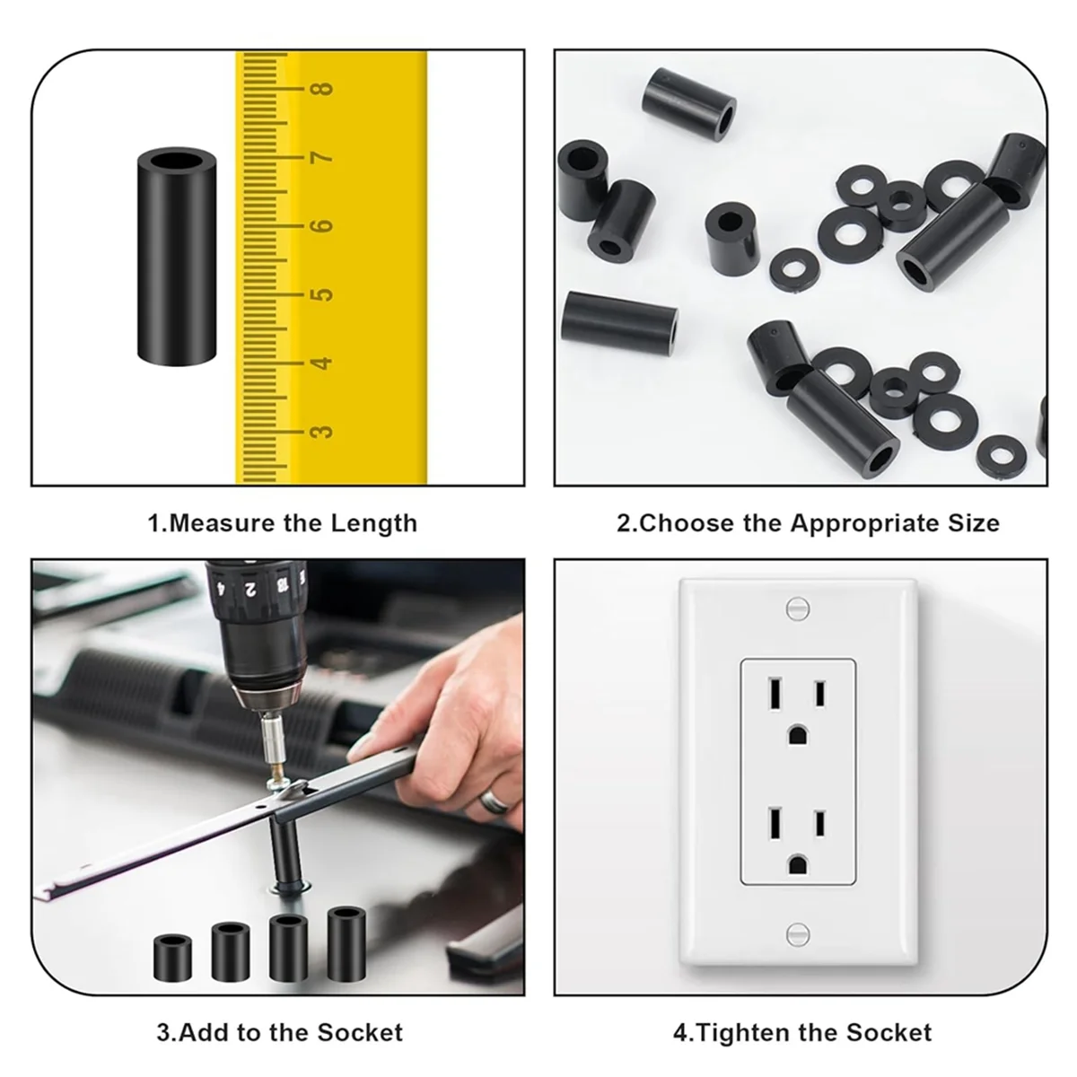 Nylon Spacers, Plastic Spacers Washers Assortment Kit, 345 Pcs Electrical Outlet Screw Spacers, M3 M4 Black Round Spacer