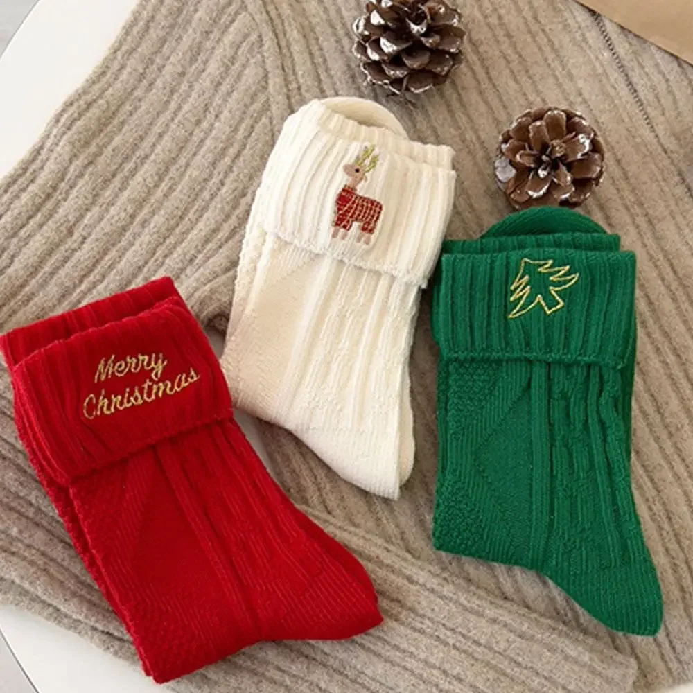

Christmas Women's Socks Autumn Winter Cute Mid-Tube Socks Big Red New Year Cute Embroidery Cartoon Women's Cotton Socks