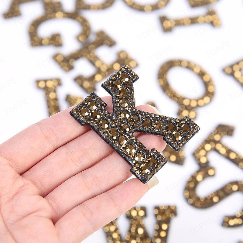 A-Z 26 Letter English Alphabet Gold Rhinestone Iron on Patch For Clothing Name Diy Sewing Applique Clothes Sticker Stripe