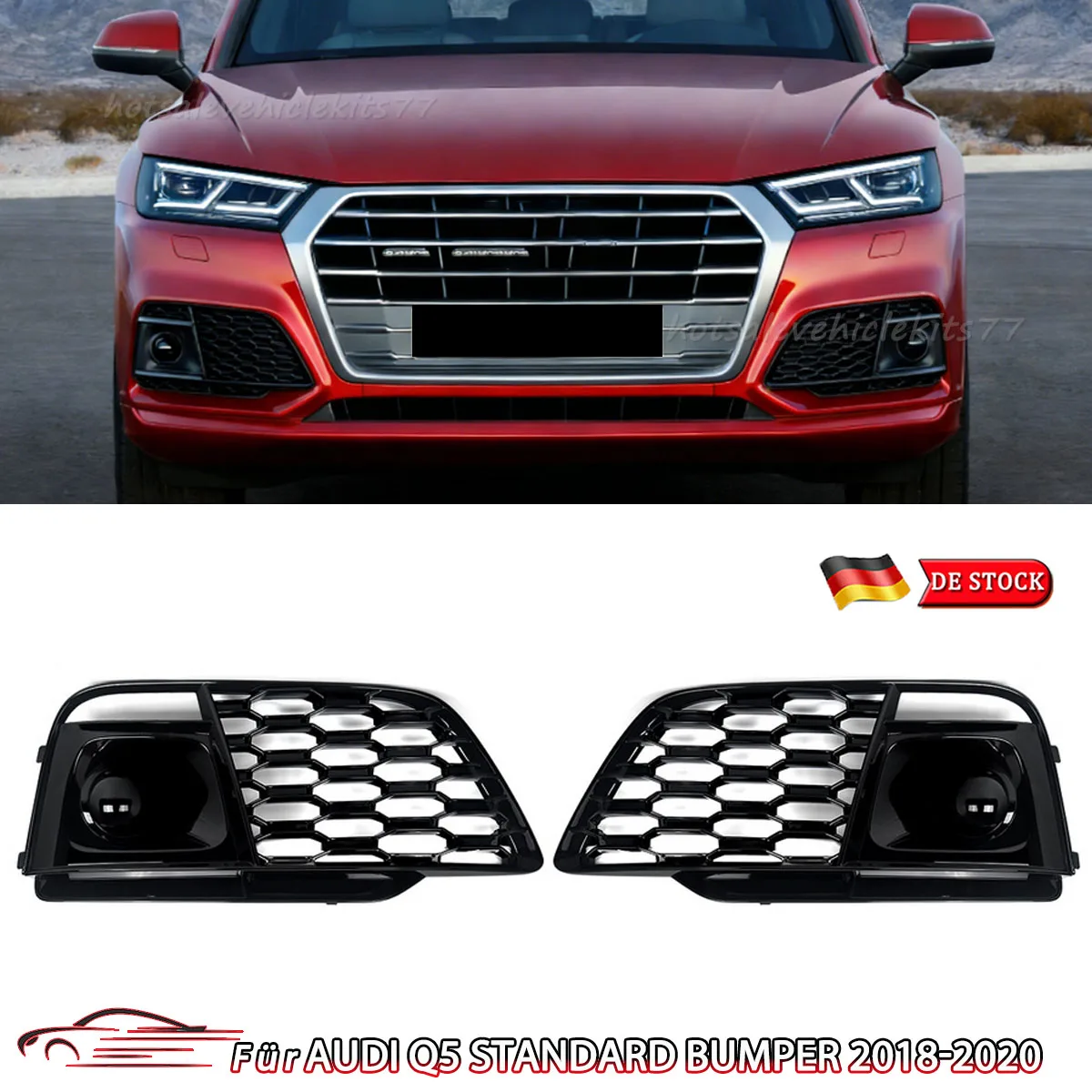 Magickit Glänzend Schwarz für Audi Q5 S-line 2018-2020 2 Stück vordere untere Stoßstangengitter Nebelscheinwerfergitter Lampenabdeckungen Wabenstruktur ABS-Kunststoff