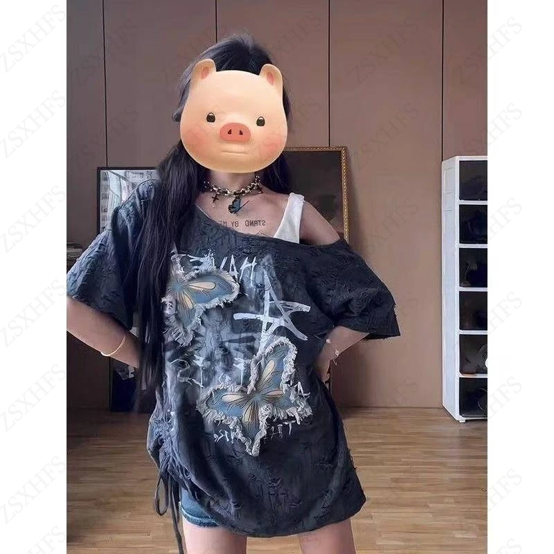 

Gothic T Shirts Y2k Star Design Graphic Summer Off-Shoulder Boat-Neck Short sleeve Women Punk Streetwear Oversized Loose T Shirt
