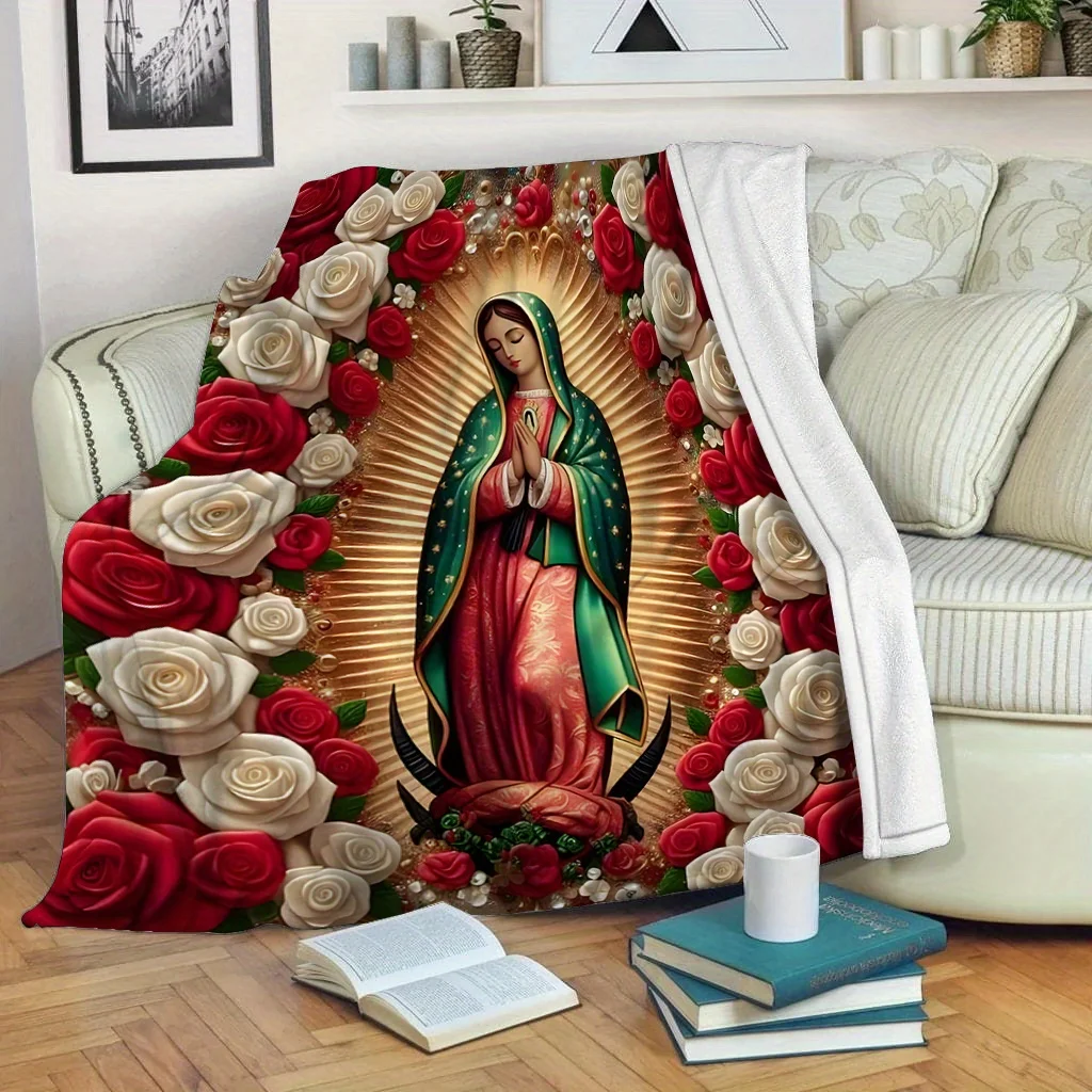 Virgin Mary with Roses Flannel Throw Blanket 5