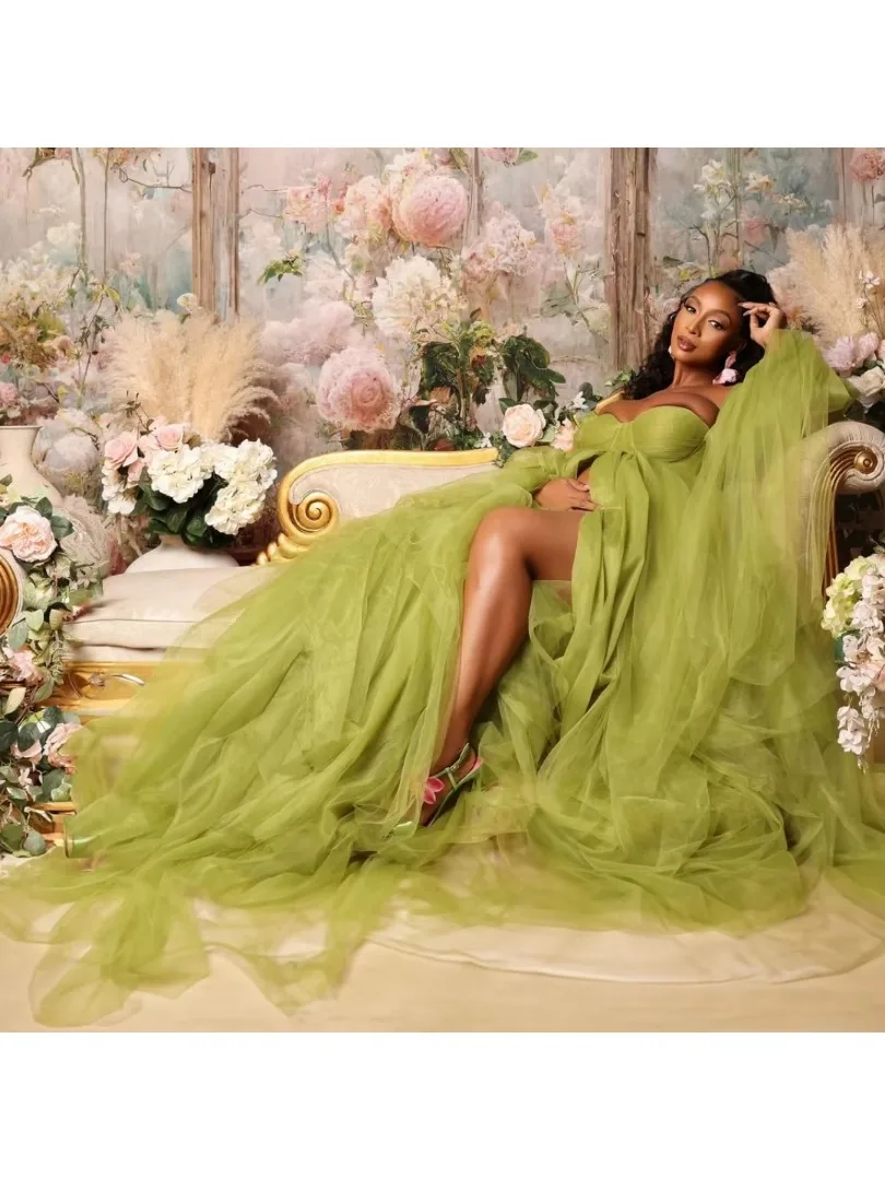 Green Layered Prom Dresses Pleated Sweetheart Maternity Photoshoot Dress PlusSize Pregnant Women Robe A Line Bridal Evening Gown