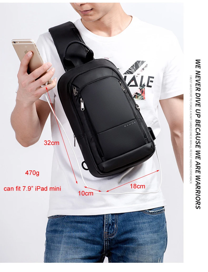 Bange Backpack for men Bag Men\'s Crossbody Bags for 7.9 Tablet Waterproof Shoulder Bag USB Charging Chest Pack Sports Sling Bags