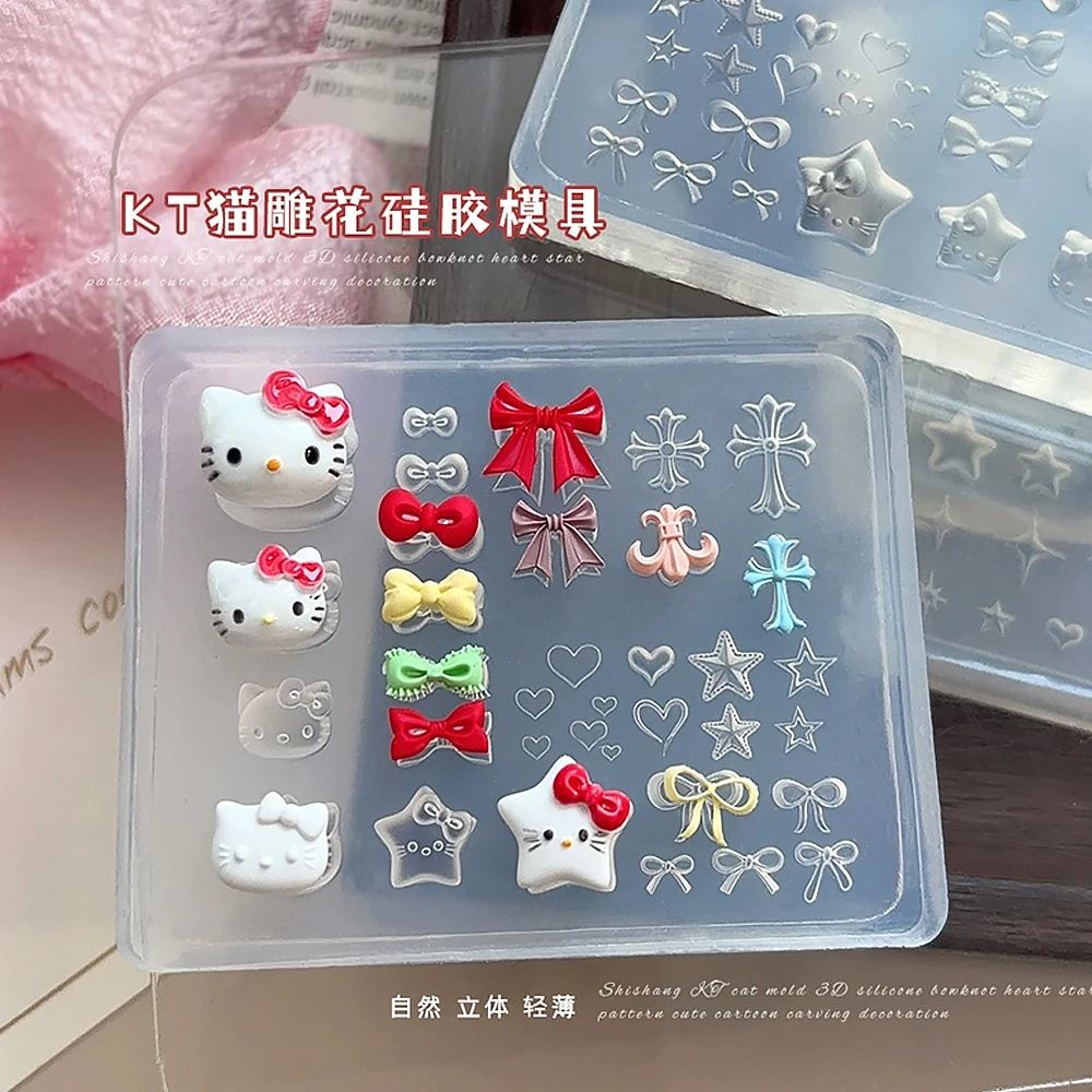 Kawaii 3d olá kitty esculpido molde de arte de unha adesivo y2k cabeça de gatinho bownot cruz coração design unhas estênceis decalques diy ferramentas de unhas
