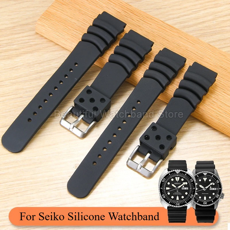 20 22mm Black for Seiko 5 Mini Turtle Silicone Watch Strap Stainless Buckle Special Interface Low Maintenance Shock Absorbent