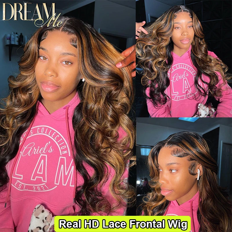 Perruque Lace Front Wig Body Wave Naturelle, Cheveux Humains, Brun Ombré, Peaux Fondues, Cuir oral elu Naturel, 13x4, HD