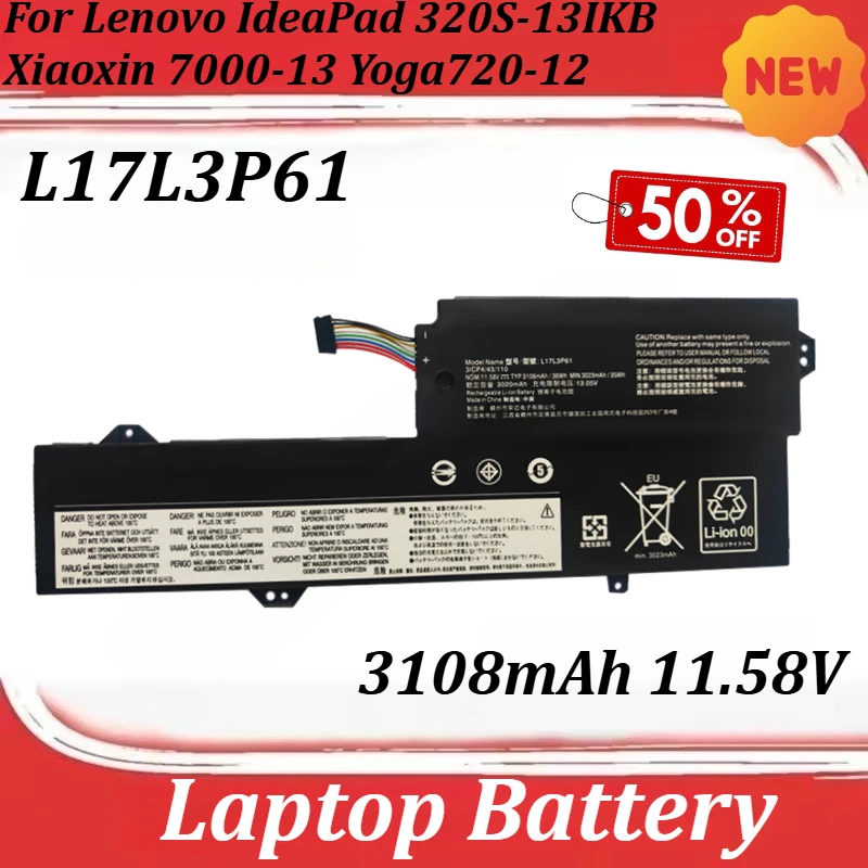 

Аккумулятор 3108 мАч 11.58В L17L3P61 для Lenovo IdeaPad 320S-13IKB, Xiaoxin 7000-13, Yoga 720-12, 720-12IKB, 520-12V, 330S-13IKB