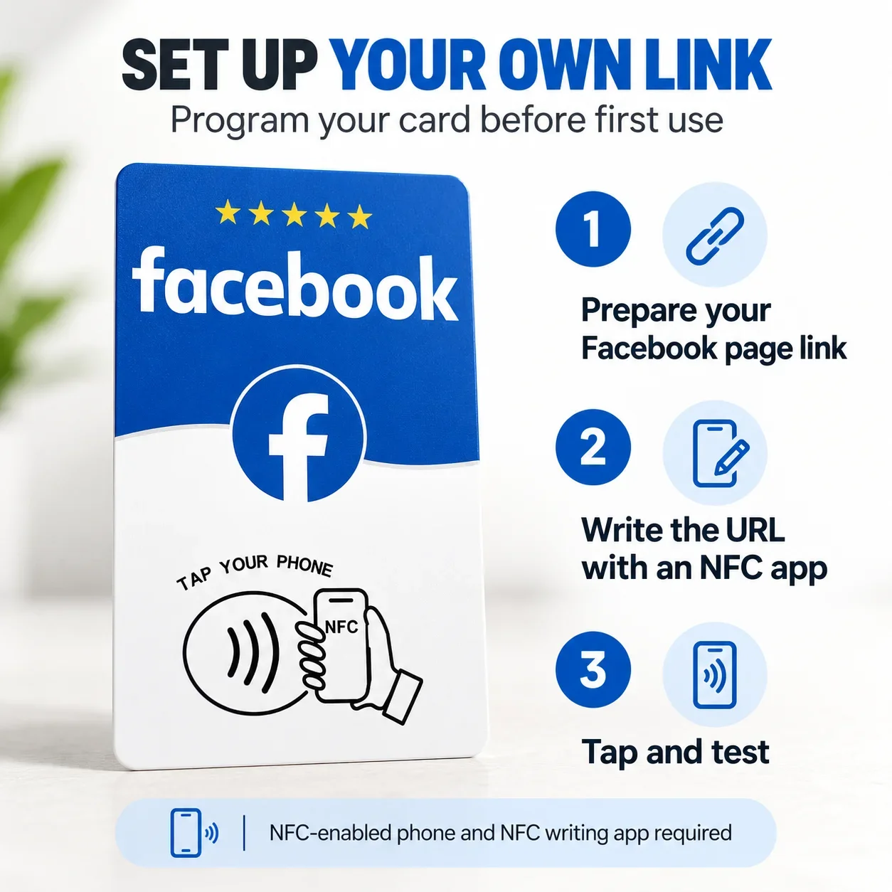 1pc Blue and White Rewritable NFC Card for Facebook PVC 215 Chip Tap to Share Your Profile Buyer Setup Required Before Use