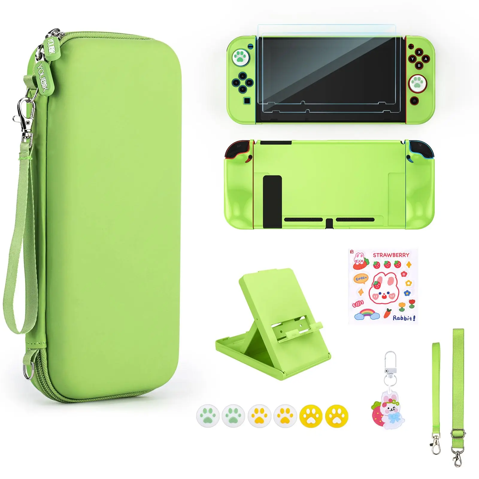 Portable Switch Storage Bag 15-in-1 Switch Accessory Kit Protective Case for Switch Console & J-Con (Neon green)