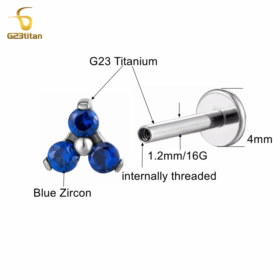 1pc Blue CZ Zircon Stud Earring Screw Back Ear Cartilage Helix Tragus Piercing Jewelry For Women Men 16G Labret Lip Medusa Ring