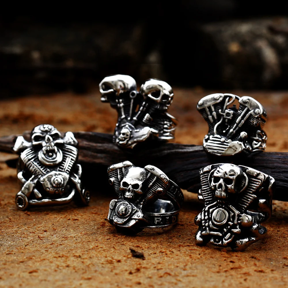 Punk Cool Man Motorcycle Engine Ring For Men Boy Gothic 316L Stainless Steel Biker Skull Ring Fashion Jewelry Gift Wholesale