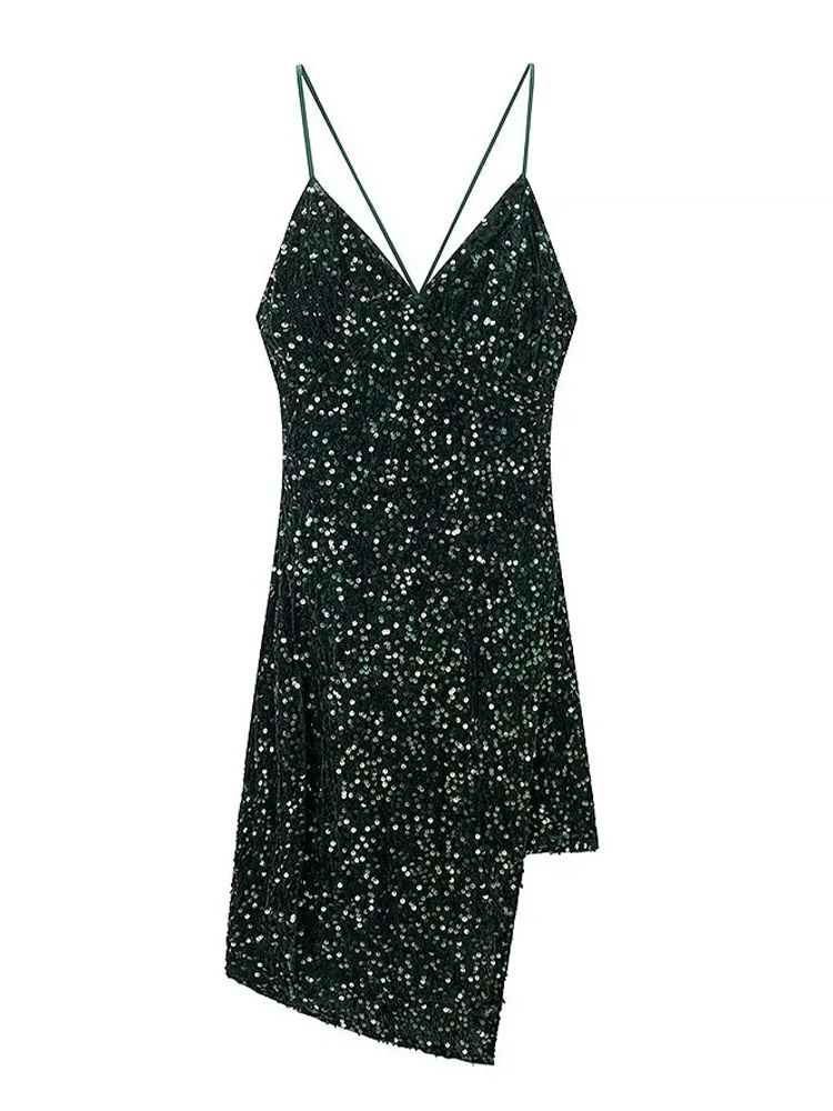 

HH Women Summer Fashion Solid Backless Sequins Decoration Zipper Mini Dress Women V-Neck Sleeveless Asymmetry Waist Sling Dress