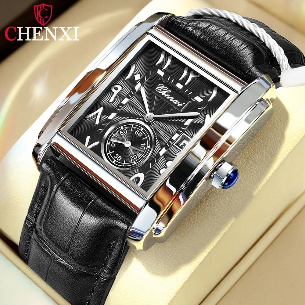 CHENXI Men Square Watch Black White Case Leather Watch Band Woman Men Watches Top Brand Luxury Quartz Clock Montre Homme