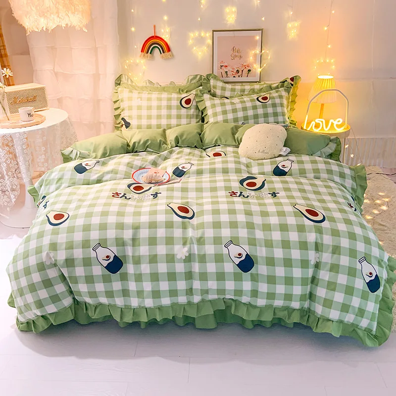 New pure cotton princess style bed skirt four piece set, thickened and brushed Korean version dormitory duvet set three piece se