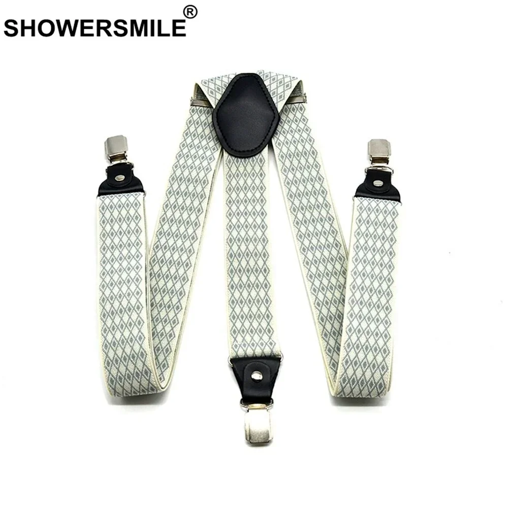 

SHOWERSMILE Suspender Pants for Men Wide Argyle 3 Clips Suspender Straps Beige Jacquard Adjustable Male Suspenders 120cm*3.5cm