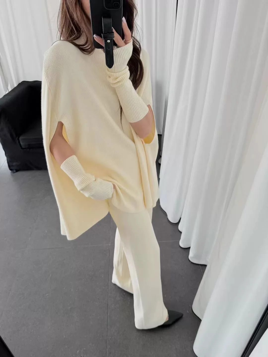 SuperAen ルーズバットウィングスリーブセーター女性用ワイドレッグパンツ取り外し可能な袖秋と冬のファッション 3 点セット