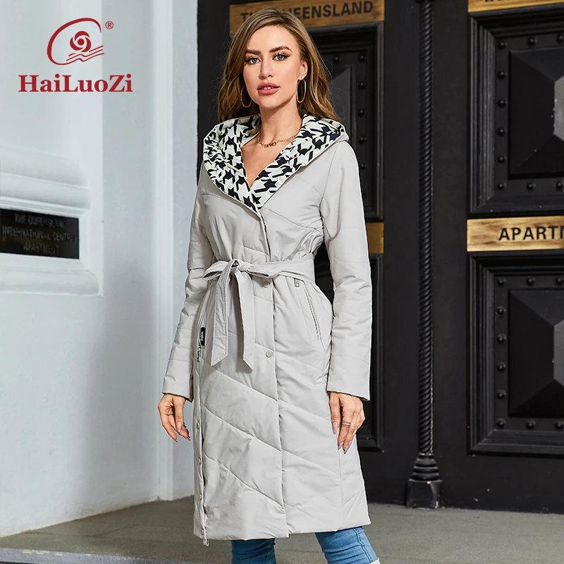 Imagem -03 - Hailuozi-parkas com Capuz e Cinto para Mulheres Quilting Diagonal Longa Outwear Cabolsa de Outono Novo 70591 2023 Alta Qualidade