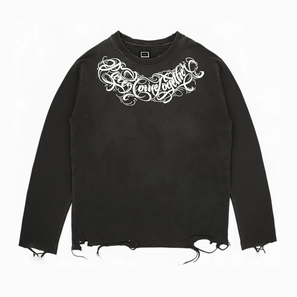 American Retro Long Sleeve T-Shirt Collar Distressed Vintage Style Subculture English Letter Print Studio Wang Clothing