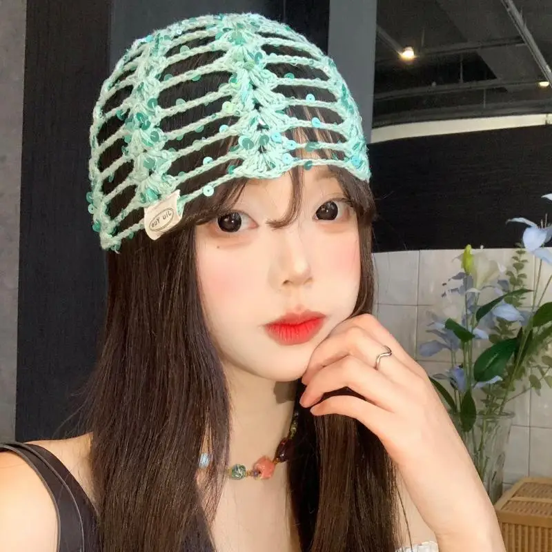 Vintage Sequined Hollow Knit Beanie Women Spring Summer Face Slimming Fashion Crochet Beanie Cap Triangle Scarf Belt Accessories