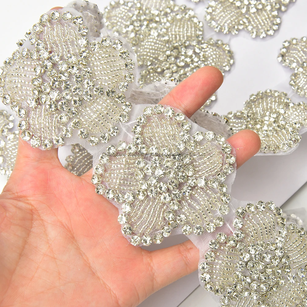 5pcs Crystal Rhinestone Flower Applique Hotfix Glass Beaded Bridal Patches Wedding Dress Belt Decoration Motif DIY Accessories