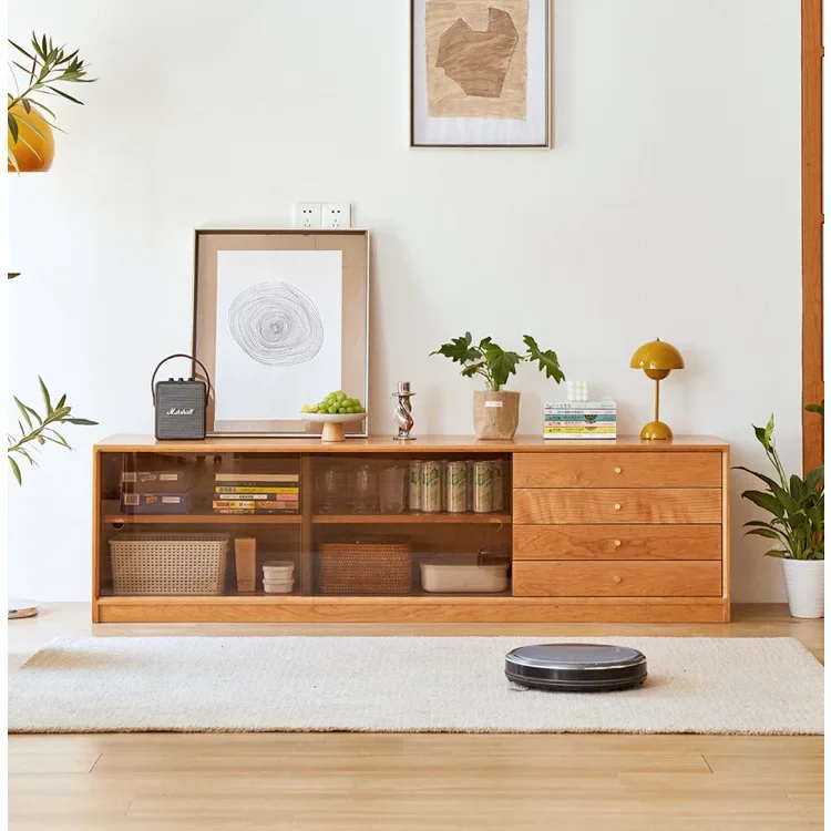 Solid wood TV cabinet, living room audio-visual locker, small apartment multi-functional storage