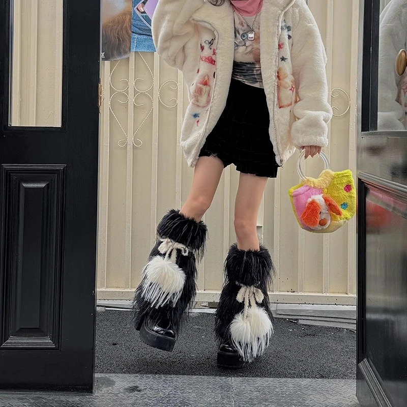 Harajuku Gothic Women Sweet Lolita Y2K Cute Fluffy Fur Hair Ball Bow Straps Accessory Decoration Legging Leg Warmers Stockings