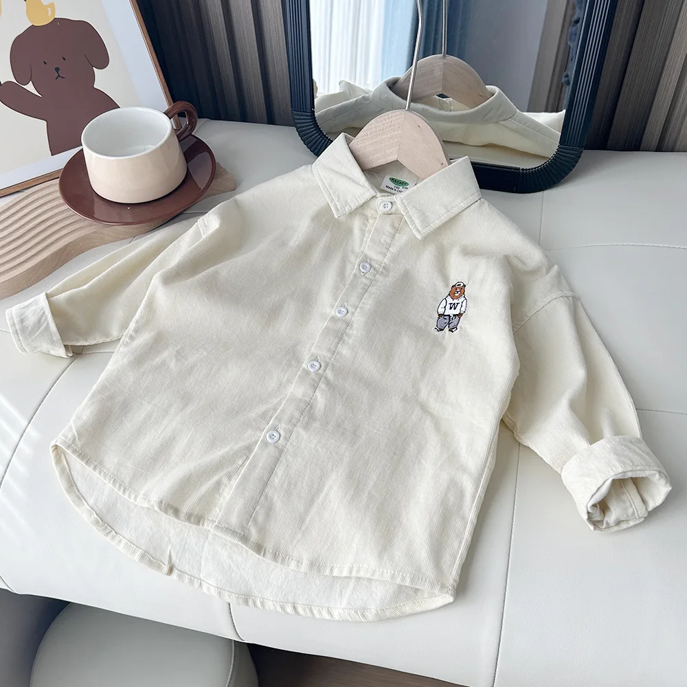 2024 Autumn Boys Casual Embroidery Bear Long Sleeve Corduroy Blouse 3-10 Years Three Colors