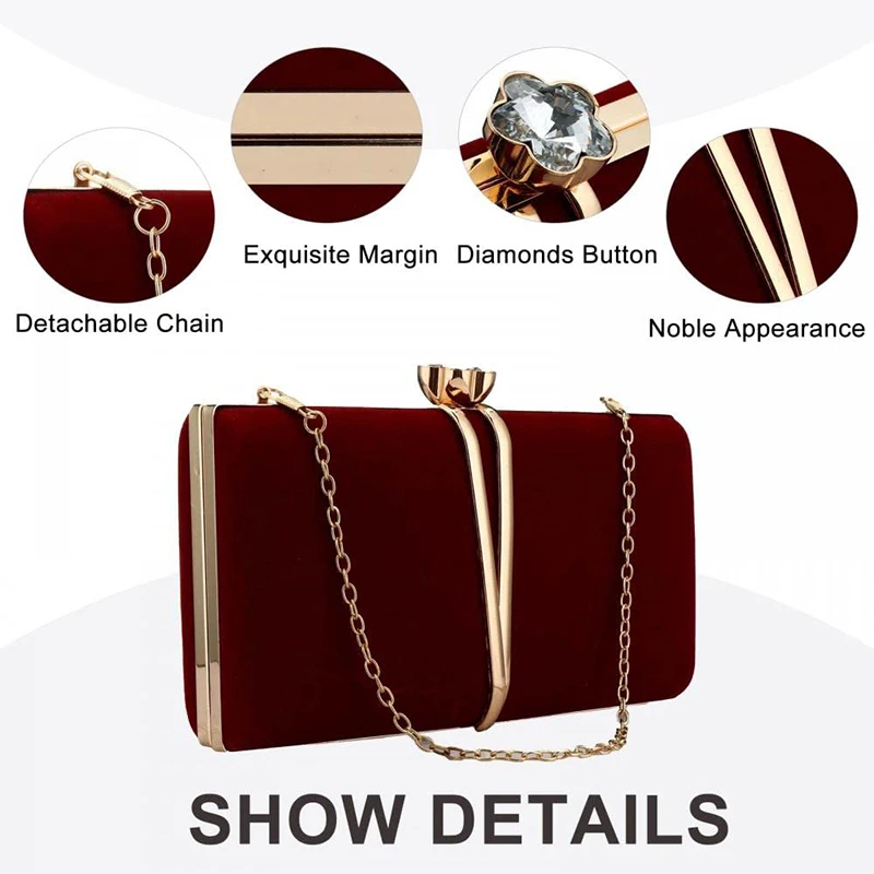 Women Evening Party Handbags Velvet Square Clutch Rhinestone Luxury Crossbody Bags Female Fashion Purse Wedding Party Bag Chain